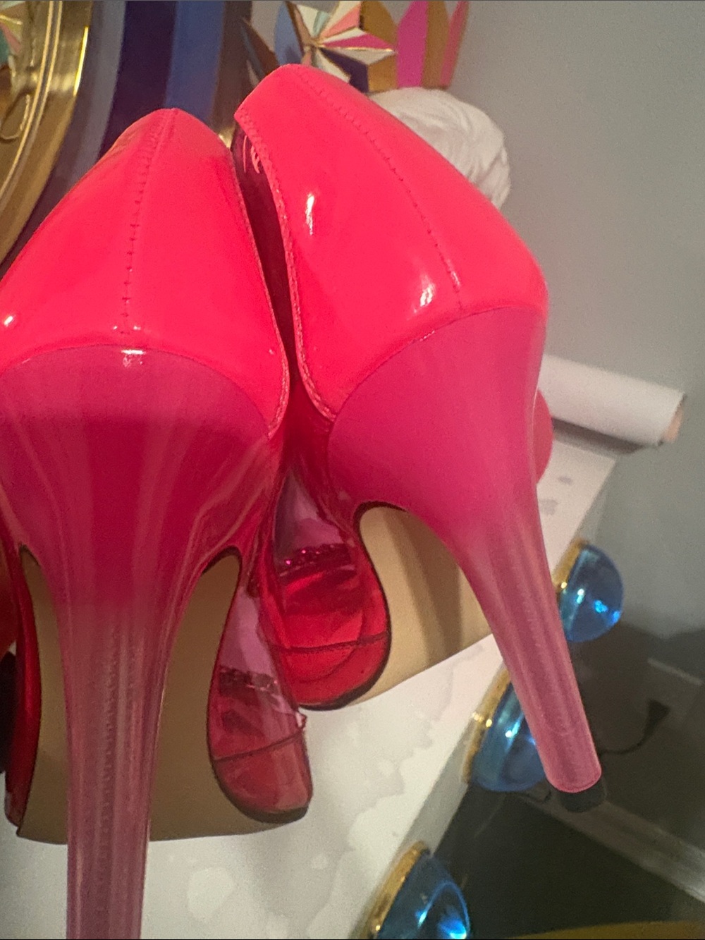 Good American Hot Pink Patent Pointed Toe Pumps with Pink Gem Buckles - Picture 5 of 5